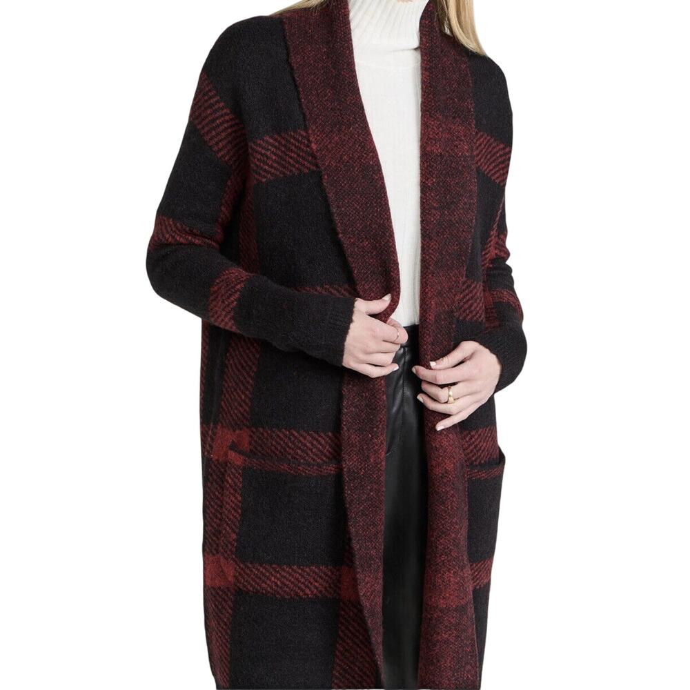 Joe's Jeans Solange Blanket Intarsia Dk‎ Red Plaid Warm Glitter Cardigan Sz Med